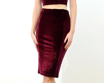 VELVET PENCIL SKIRT | Red Velvet Panelled Pencil Skirt with High Waist. Mid-Length Bodycon Stretch Velvet Skirt, Christmas Party Skirt