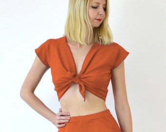 TIE UP TOP | Vintage Style Tie Front Crop Top in Burnt Orange. 40s Style Beach Pin Up Top Cover Up. Womens Summer Crop Top. Cut Out Crop Top