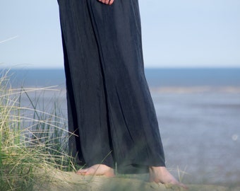 HEPBURN | Cupro Wide Leg Palazzo Pants in Midnight Navy. High Waisted Summer Trousers. Relaxed Fit Leisurewear Trousers. Sustainable Fashion