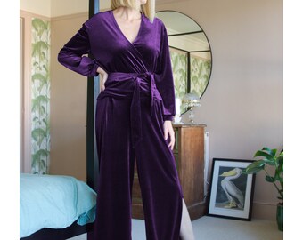 LOUNGEWEAR SET | Luxury Velvet Lounge Two Piece Set with Wrap Top & Wide Leg Pants in Purple. Purple Velvet Two Piece Jumpsuit