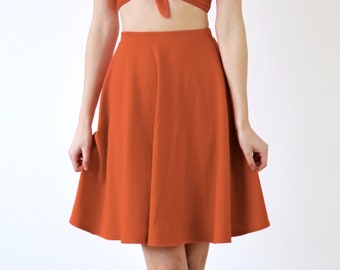 SKATER SKIRT | High Waisted Mid Length Skater Skirt in Burnt Orange. Stretch Jersey Flared Circle Skirt. Womens Orange Skirt