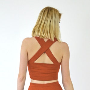 STRAPPY CROP TOP | Womens Sweetheart Neck Summer Crop Top in Burnt Orange. Fitted Crop Top with Crossover Straps. Stretch Jersey Bralet Top