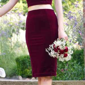 FORMAL VELVET SKIRT | Occasion Pencil Skirt Red Velvet Skirt Burgundy Wedding Gothic Bridal Skirt Bridesmaid Dark Red Wedding Guest Outfit