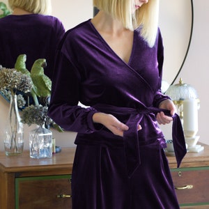 MYRNA | Purple Velvet Wrap Top. 1930s Vintage Style Velvet Blouse. 1930s Vintage Style Loungewear Wrap Top. Purple Velvet Shirt