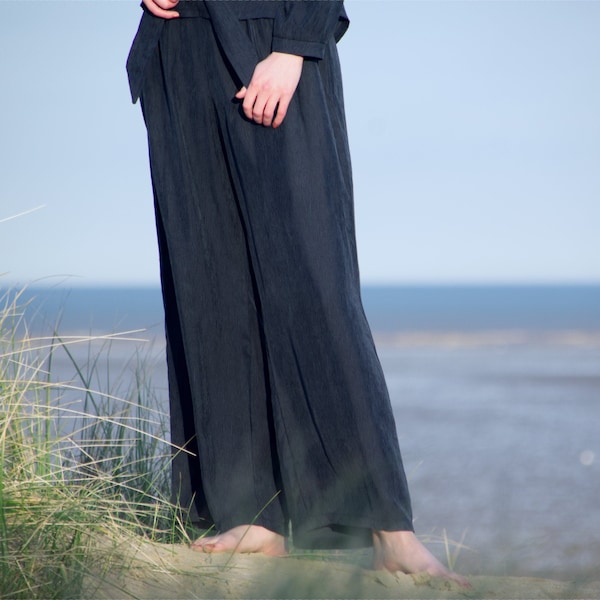HEPBURN | Handmade Cupro Wide Leg Palazzo Pants in Navy. High Waisted Summer Trousers. Relaxed Fit Leisurewear Trousers. Sustainable Style