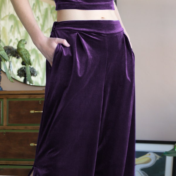 HEPBURN | Pantalon large en velours violet. Pantalon de détente taille haute en velours. Pantalon de yoga en velours. Vêtements de détente de luxe