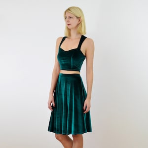 GRACE Two Piece Dress in Green Velvet. Velvet Crop Top and Skater Skirt Set. Vintage Style Strappy Bralet & High Waist Midi Skater Skirt image 1