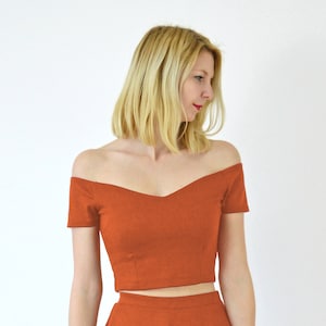 Burnt Orange Off Shoulder Crop Top – Bardot Top with Sweetheart Neckline | Retro Summer Festival Look | Sunset Holiday Vibes
