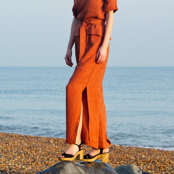 HEPBURN | Handmade Cupro High Waisted Summer Trousers in Burnt Orange. Vintage Style 1930s Wide Leg Palazzo Pants. Sustainable Fashion