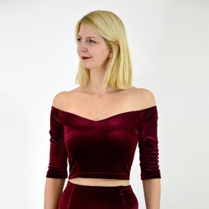 VELVET CROP TOP | Red Velvet Crop Top. Velvet Off the Shoulder Top. Burgundy Top. Christmas Party Top