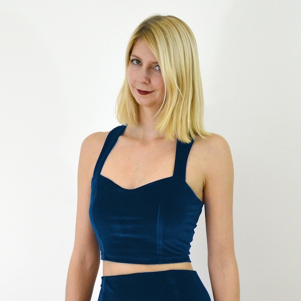 SAMT CROP TOP | Dunkelblaues Samt Bralet Crop Top. Strappy Samt Party/Weihnachts Top. Navy Cropped Top. Stretch Samt Top. Samt BH Top