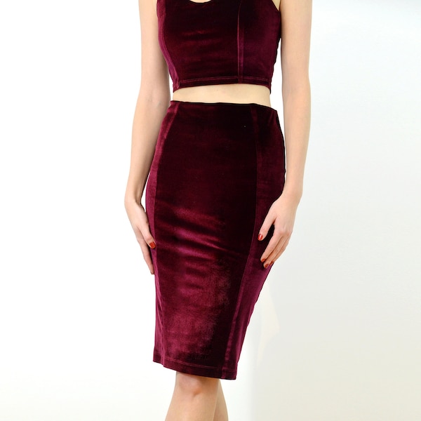 VELVET PENCIL SKIRT | Red Velvet Panelled Pencil Skirt with High Waist. Mid-Length Bodycon Stretch Velvet Skirt, Christmas Party Skirt