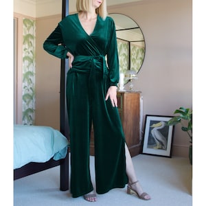LOUNGEWEAR SET | Handmade Vintage Style Velvet Two Piece Jumpsuit in Green Velvet. Velvet Wrap Top and Wide Leg Lounge Pants Set