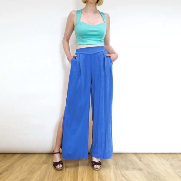 HEPBURN | Handmade Women's Wide Leg Linen-Look Palazzo Pants in Azure Blue. Vintage Style Summer Flared Trousers with Side Splits