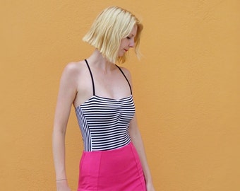 Una Stripy Bodysuit with Contrast Shaping Panels & Stretchy Straps. Womens Fitted Jersey Body Suit. Bandeau Tube Top with Elegant Cross Back