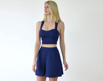 BEBE | Nautical Dress Set Two Piece Navy Blue Crop Top and Culottes Set. Women's Jersey Bralet and Flared Shorts Set. Everyday casual wear