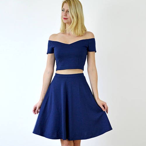 COCO | Elegant Two Piece Dress Crop Top and Skater Skirt Set in Navy Blue. Womens Vintage Style Summer Outfit, Garden Party, Wedding