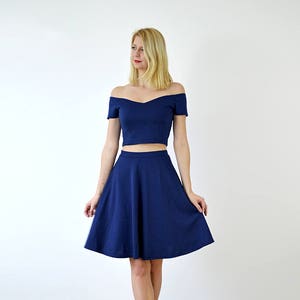 COCO | Elegant Two Piece Dress Crop Top and Skater Skirt Set in Navy Blue. Womens Vintage Style Summer Outfit, Garden Party, Wedding