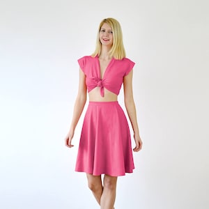LUPE | Crop Top Outfit with Tie Front in Hot Pink. Vintage Style Tie Up Crop Top and Skater Skirt Set. Women&#39;s Summer Two Piece Outfit Sets