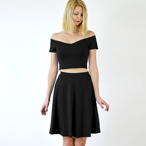 COCO | Two-Piece Crop Top & Skater Skirt Co-Ord Set in Black. Women's Off Shoulder Two Piece Skater Dress