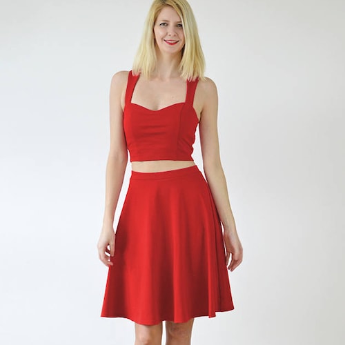 GRACE |  Two-Piece Crop Top & Skater Skirt Co-Ord Set in Bright Red. Two Piece Vintage Style Dress Outfit with Cut Out Midriff