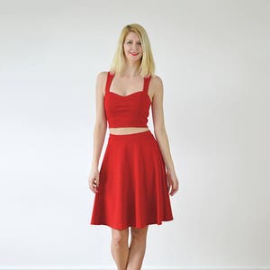 GRACE Two-Piece Crop Top & Skater Skirt Co-Ord Set in Bright Red. Two Piece Vintage Style Dress Outfit with Cut Out Midriff image 1