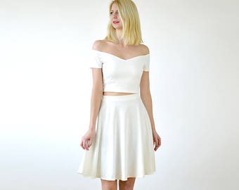 COCO | Elegant Off Shoulder Top and Skirt Set in White. Holiday/Riviera Style Crop Top Set with High Waist Midi Skirt