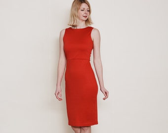 MARILYN | Elegant 50s Style Red Pencil Dress. Scoop Neck Jersey Dress in Red. Sleeveless Dress. Pencil Skirt Dress. Red Fitted Bodycon Dress