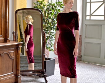 LOMBARD | Handmade Womens Red Velvet Evening Cocktail Dress with Split Sleeves. Vintage Style Elegant Boat Neck Party Dress