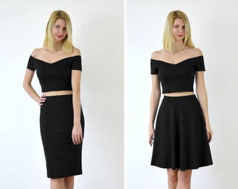Audrey or Coco Black Off Shoulder Bardot Crop Top and Skirt Set. Choose from Crop Top and Skater Skirt or Crop Top and Pencil Skirt