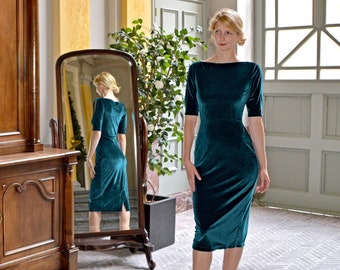 LOMBARD |  Handmade Teal Occasion Dress in Stretch Velour. Elegant Slash Neck Velour Party Dress. Party Dress with Sleeves