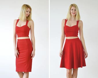 Kirsten or Grace Red Sweetheart Neck Jersey Crop Top and Skirt Two Piece Dress. Choose from Skater Skirt with Top or Pencil Skirt with Top