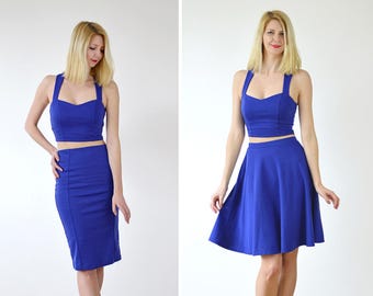 Kirsten or Grace Sweetheart Neck Top Two Piece Co Ords Set in Royal Blue. Choose Pencil Skirt Set or Skater Skirt Set with Strappy Crop Top