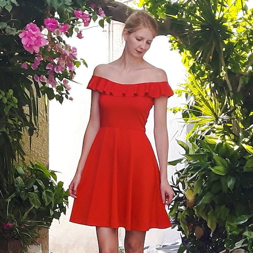 GINGER | Off-Shoulder Ruffle Skater Dress in Red.  Bardot Style Strapless Summer Dress with Feminine Neckline Frill