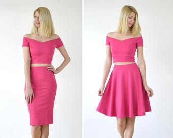 Audrey or Coco High Waist CoOrds Set with Pink Bardot Crop Top. Choose from Two Piece Off Shoulder Top with Skater Skirt or Pencil Skirt
