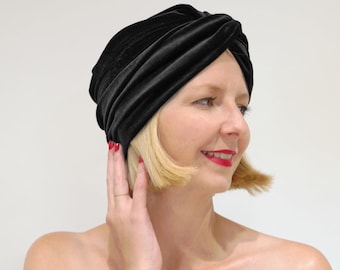 LOLA | Black Velvet Turban Style Hat. Vintage Style Pleated Cloche Hat. Twist Knot Evening Headpiece. Luxury Headwear Christmas Gift For Her