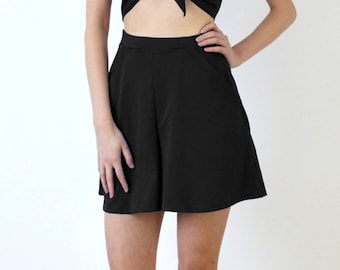 HIGH WAIST SHORTS | Women's High Waisted Short Culottes with Side Pockets in Black. Summer Pull-On Flared Shorts. Black Jersey Skirt Shorts