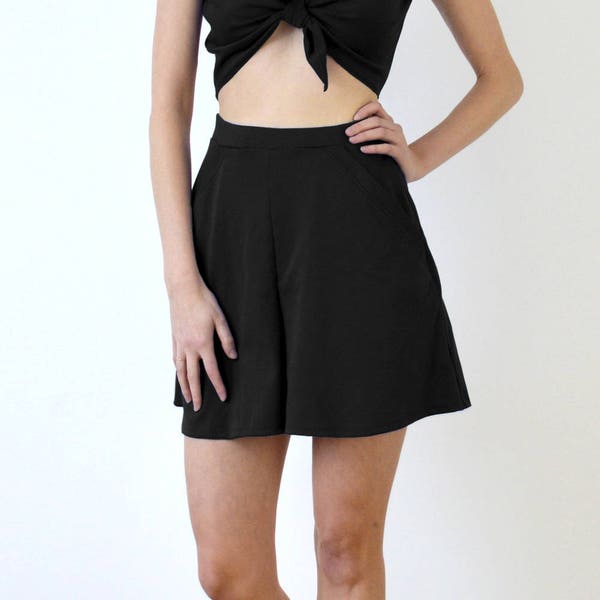 HIGH WAIST SHORTS | Women's High Waisted Short Culottes with Side Pockets in Black. Summer Pull-On Flared Shorts. Black Jersey Skirt Shorts