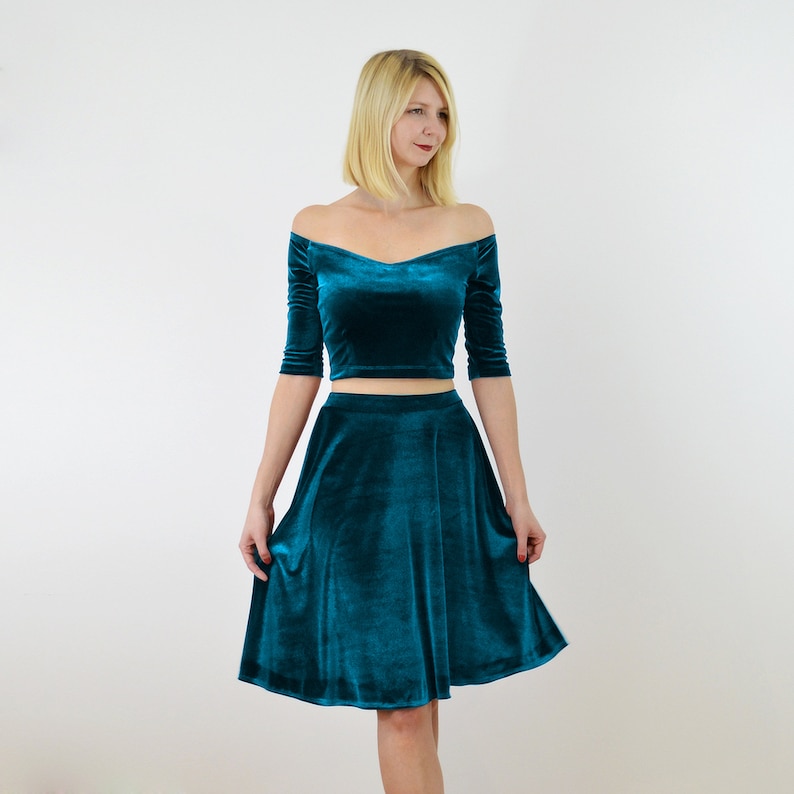 Christmas Party Dress in Teal Blue COCO 2-Piece Velvet Dress Outfit Off Shoulder Crop Top with Velour Skater Skirt