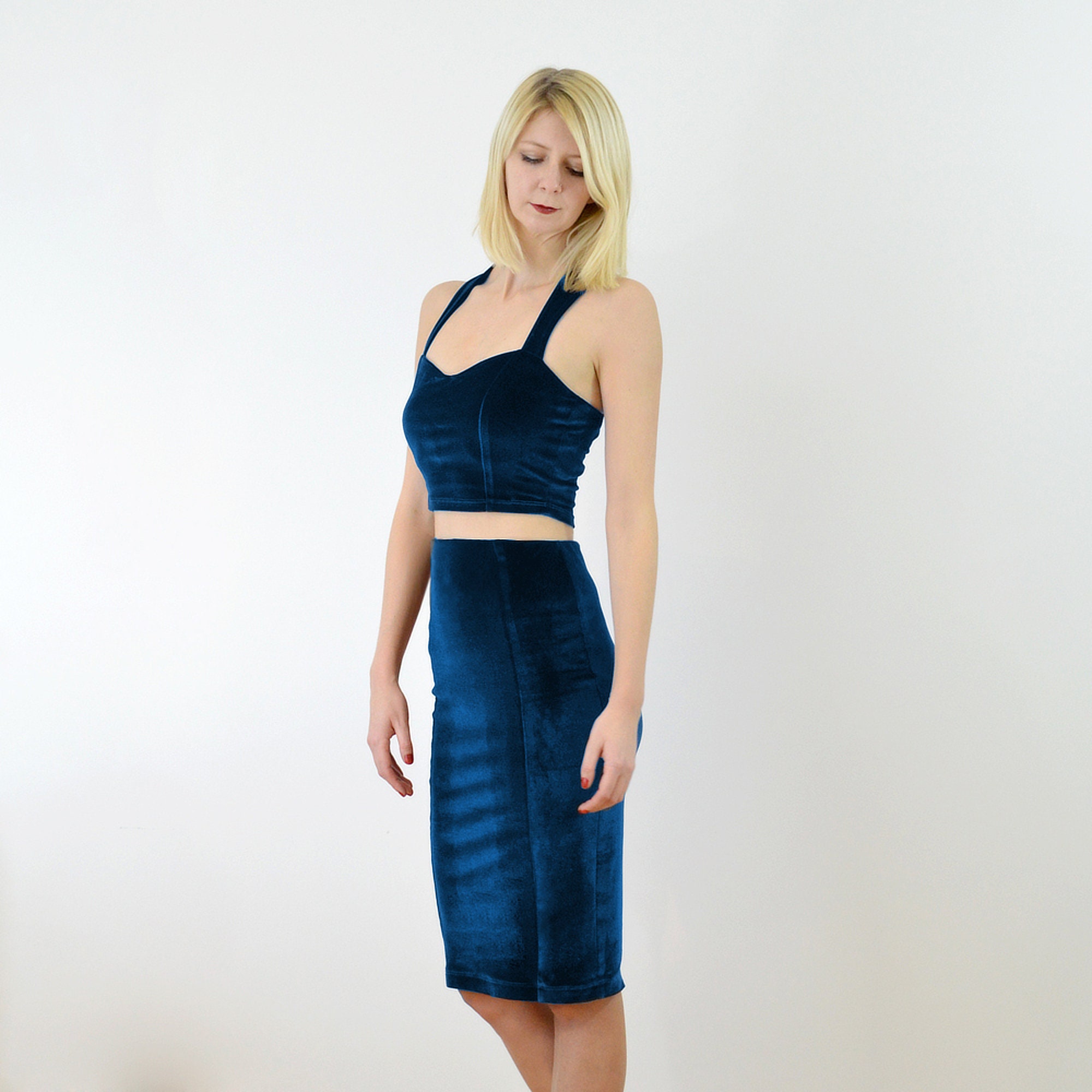 Navy velvet cheap pencil skirt