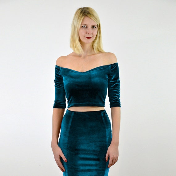 VELVET CROP TOP Stretch Velvet off the Shoulder Top in Teal Blue. Christmas Party Long Sleeve Crop Top Etsy
