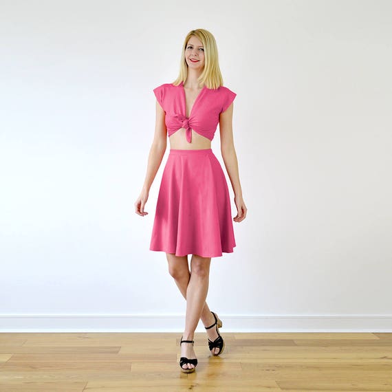 LUPE Crop Top Outfit With Tie Front in Hot Pink. Vintage Style Tie up Crop Top and Skater Skirt Set. Women s Summer Two Piece Outfit Sets Etsy