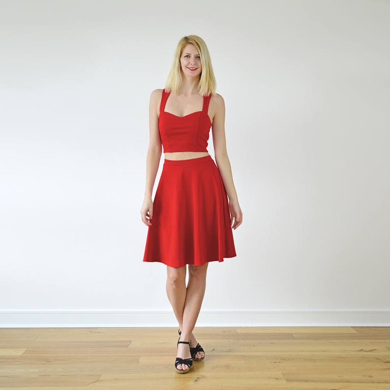 GRACE Two-Piece Crop Top & Skater Skirt Co-Ord Set in Bright Red. Two Piece Vintage Style Dress Outfit with Cut Out Midriff image 1