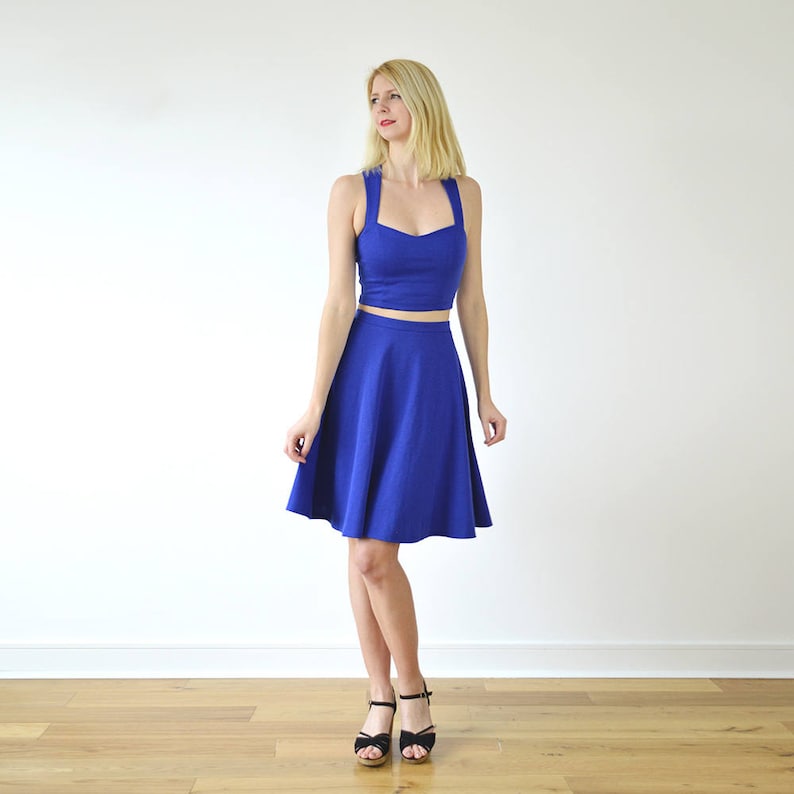 GRACE Two-Piece Crop Top & Skater Skirt Set in Royal Blue. Womens Matching Co Ords Set with Circular Skirt and Strappy Bodycon Top image 6