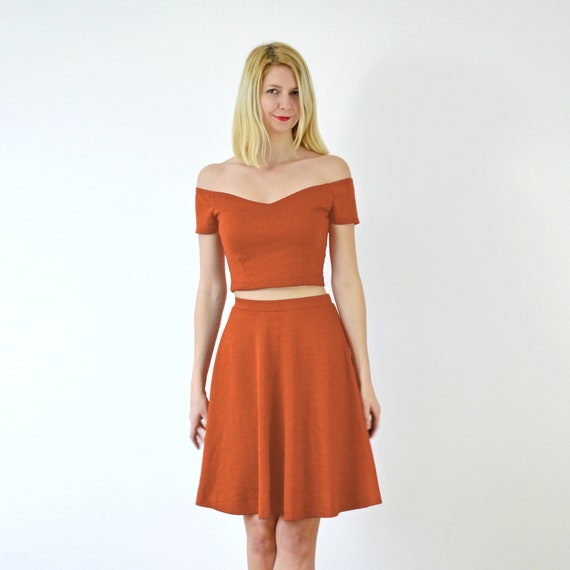 SKATER SKIRT High Waisted Mid Length Skater Skirt in Burnt Orange