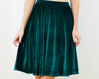 VELVET SKATER SKIRT Womens Green Velvet Midi Skater High