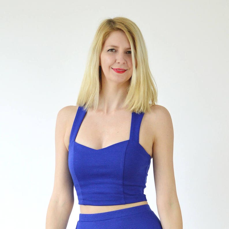 GRACE Two-Piece Crop Top & Skater Skirt Set in Royal Blue. Womens Matching Co Ords Set with Circular Skirt and Strappy Bodycon Top image 3