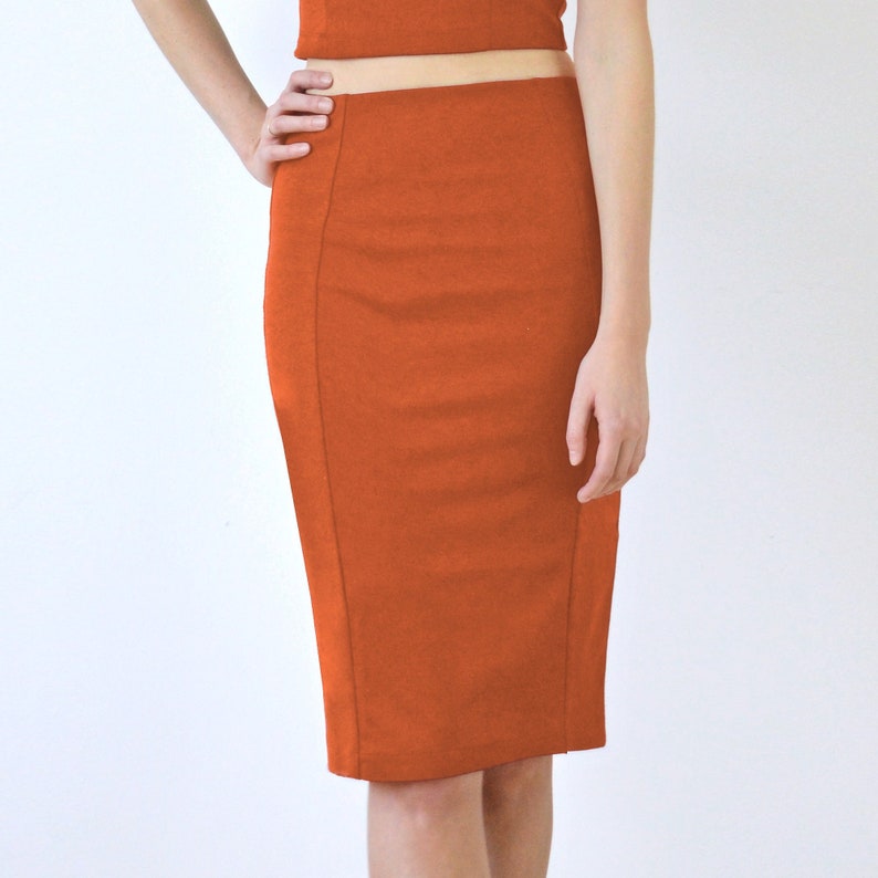 PENCIL SKIRT High Waisted Panelled Pencil Skirt in Burnt Orange. Jersey Pencil Skirt. Womens Fitted Midi Skirt. Knee Length Tube Skirt image 2