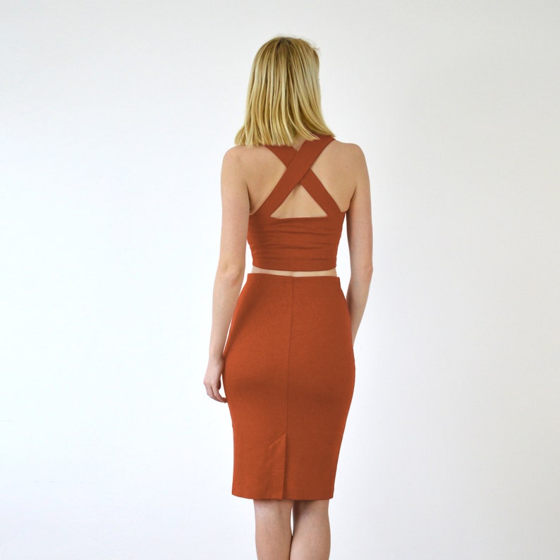 PENCIL SKIRT High Waisted Panelled Pencil Skirt in Burnt Orange. Jersey Pencil Skirt. Womens Fitted Midi Skirt. Knee Length Tube Skirt image 8