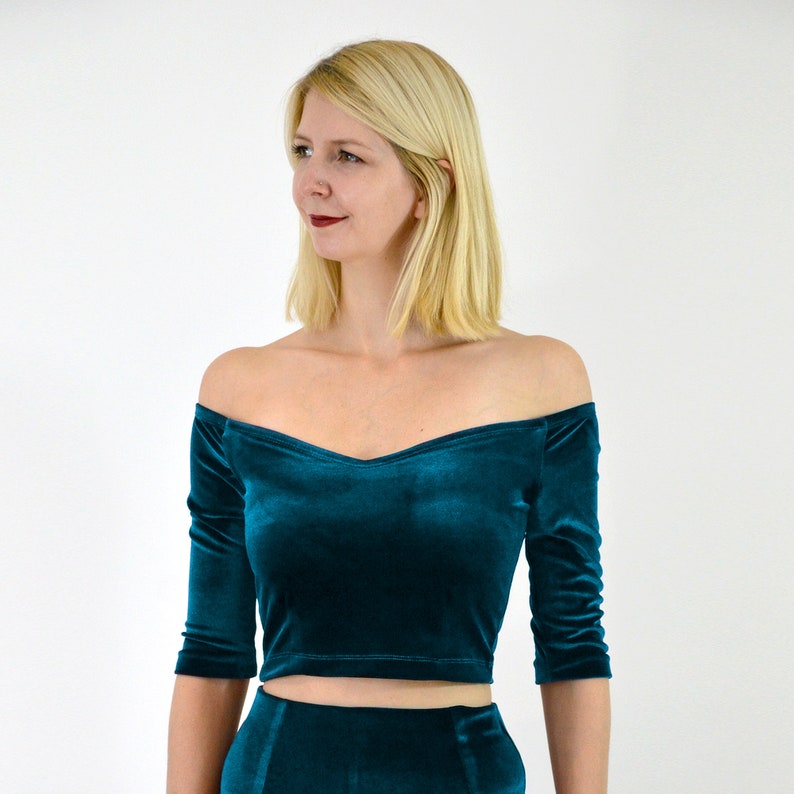 Christmas Party Dress in Teal Blue COCO 2-Piece Velvet Dress Outfit Off Shoulder Crop Top with Velour Skater Skirt